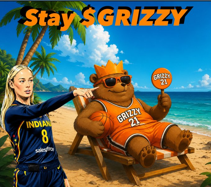 Vibrant illustrated beach scene with the text 'Stay $GRIZZY', featuring a woman in an Indiana jersey (number 8, Salesforce sponsor) pointing at a bear wearing an orange 'GRIZZY 21' basketball uniform and crown, lounging on a beach chair.