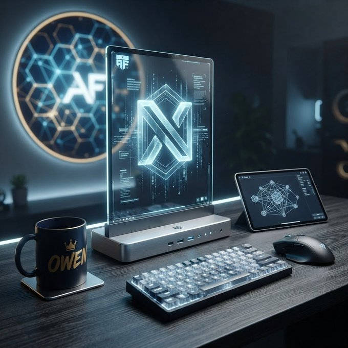 A futuristic desk setup featuring a transparent monitor displaying a glowing 3D logo, accompanied by a tablet showing network nodes, a mechanical keyboard, mouse, and a mug labeled "OWEN" with a crown — visually reinforcing the privacy-focused, tech-driven concept behind AmericanFort.io's Send-to-Name feature, which pairs a human-readable identity with one-time addresses to keep users from exposing a permanent wallet.