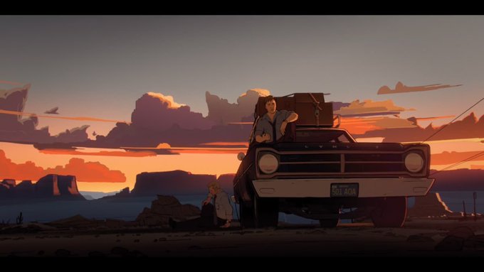 An animated scene shows a man with a guitar on his back leaning against a classic car while a small child sits nearby, with a desert landscape and sunset in the background.