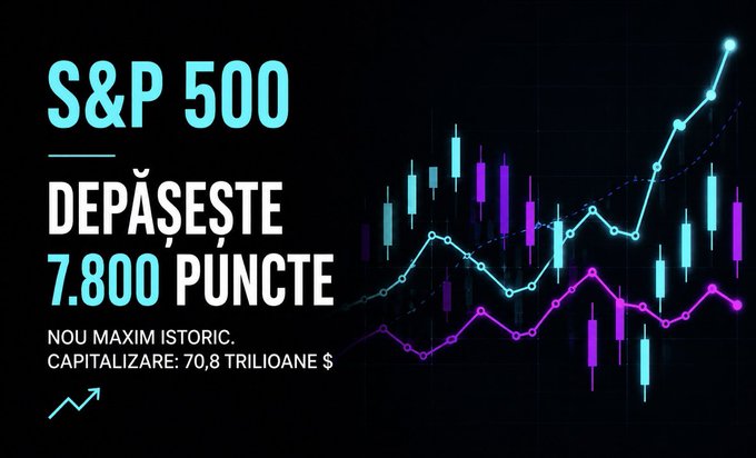 A promotional graphic in Romanian stating "S&P 500 DEPĂȘEȘTE 7.800 PUNCTE" (S&P 500 exceeds 7,800 points), noting a new historic maximum with a market capitalization of 70.8 trillion dollars, set against a dark background with cyan and purple candlestick charts.