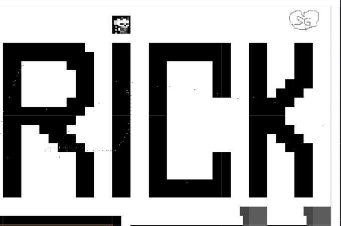 A pixel art image displays the word "RICK" in large black block letters on a white background, with a small pixelated character sprite of Rick Sanchez positioned above the "I" and "C" — serving as the hidden "mark" referenced in the post, likely created as a collaborative piece tagged at 144pxls with credit to girlofsolana.