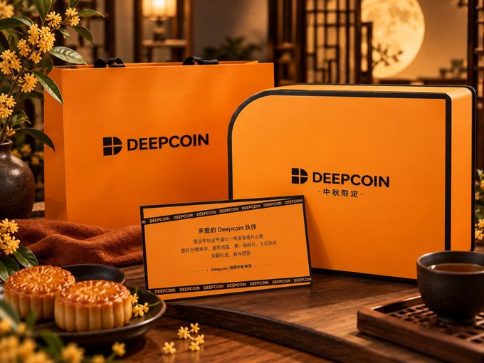 An advertisement for DEEPCOIN's Mid-Autumn Festival promotion, displaying an orange gift bag and box alongside traditional mooncakes and a card with a Chinese message.