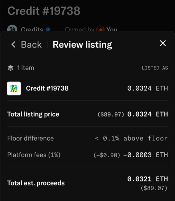 A mobile screenshot showing a 'Review listing' page for selling 'Credit #19738' for 0.0324 ETH (~$89.97) with estimated proceeds of 0.0321 ETH.