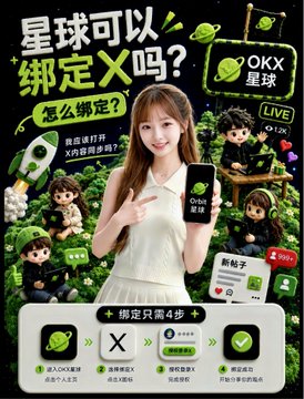 Chinese-language advertisement featuring a woman holding a phone, asking '星球可以绑定X吗?怎么绑定?' with OKX branding and 1.2K live viewers.