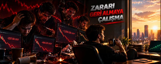 A dramatic scene showing distressed traders looking at red downward-trending charts, with Turkish text 'ZARARI GERİ ALMAYA ÇALIŞMA' (Trying to recover losses) and Bitcoin visible.