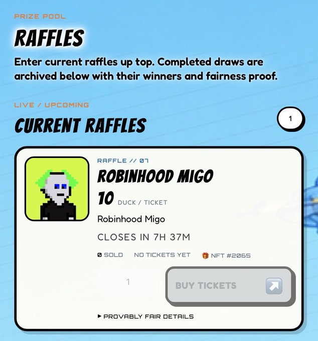 The image shows a raffle webpage featuring a "ROBINHOOD MIGO 10" raffle where tickets cost 10 DUCK each, closes in 7H 37M, and currently has 0 sold with NFT #2065 listed. This relates to the post announcing a RobinhoodMigos raffle on the website, where users can buy tickets to participate in the prize pool draw.