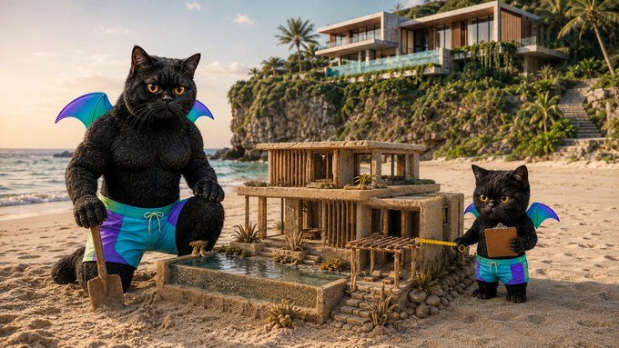 Two anthropomorphic black cats on a beach building a sandcastle, both wearing colorful swim trunks, with one holding a clipboard and the other a shovel.
