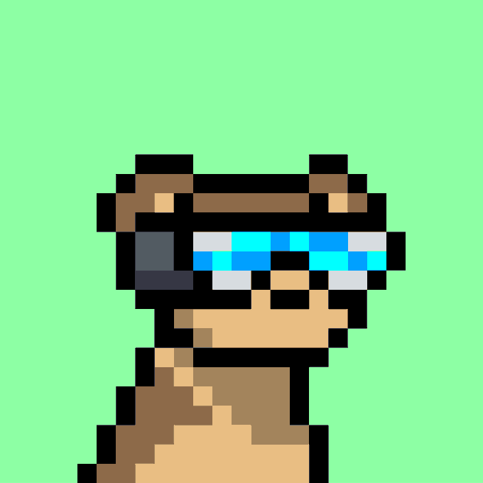 A pixel art illustration of a character wearing a brown hat and blue sunglasses against a solid green background.