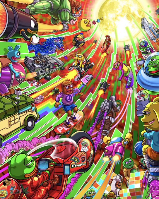 A chaotic, vibrant cartoon battle scene featuring a skateboarder with the word 'PLAY' on his board, surrounded by various characters including green frogs, aliens, and a van with a 'Pizza Frog' logo, all amid laser beams and explosions.