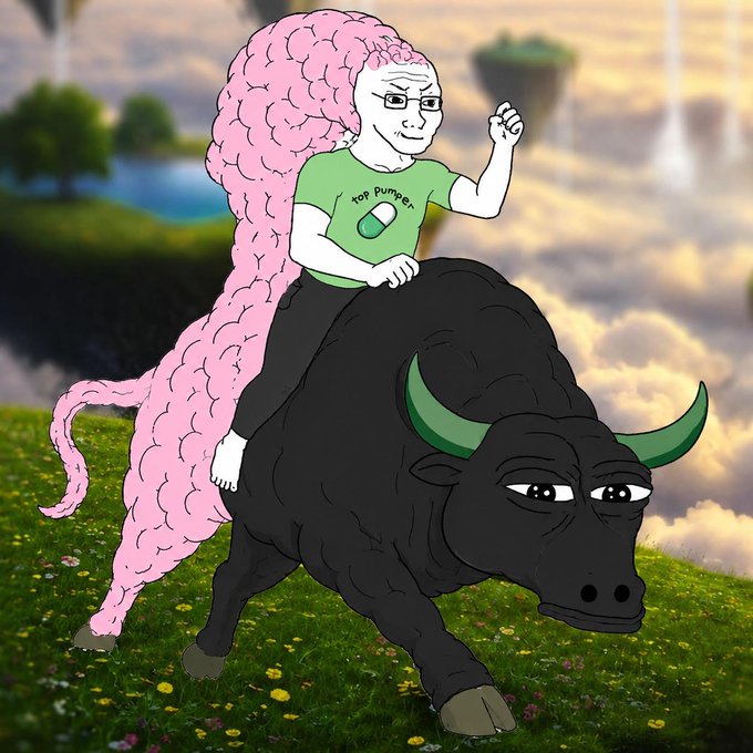 A digital illustration depicting a person with long pink hair wearing a 'Top Pumper' green shirt, riding on the back of a black bull in a fantasy landscape.