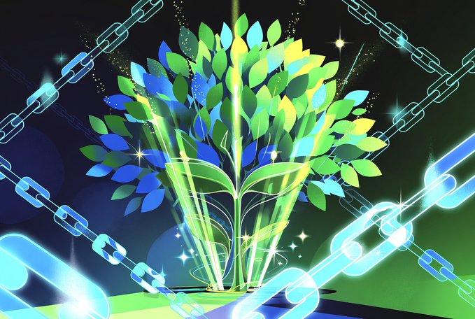 A glowing green and blue tree made of digital leaves bursts forth, framed by luminous blockchain chains crisscrossing the dark background, symbolizing growth, innovation, and the ability to build new networks from the ground up—mirroring Canopy Network's promise of launching one's own blockchain.