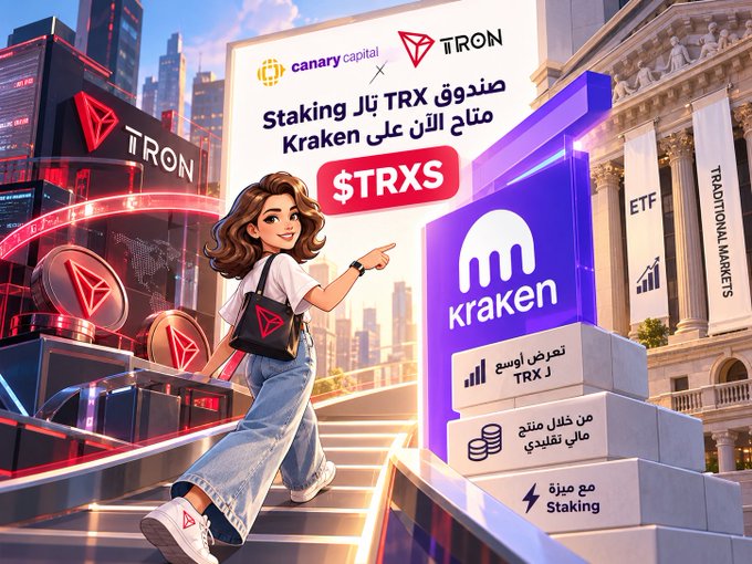 A cartoon woman on glowing stairs points toward a Kraken billboard promoting the "Canary Capital × TRON" Staking TRX ETF (ticker $TRXS), with surrounding imagery contrasting the traditional "ETF/Traditional Markets" side with the crypto/TRON side. The visual brings to life the post's message that TRX is now accessible not just as a tradable coin but through the Canary Staked TRX ETF ($TRXS) on Kraken, bridging Wall Street-style exposure with staking benefits.