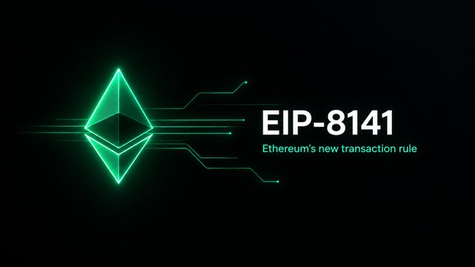 Dark promotional graphic showing a glowing green Ethereum diamond logo with circuit lines, accompanied by the text "EIP-8141" and "Ethereum's new transaction rule".