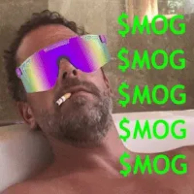 A meme image of a bearded man wearing iridescent wraparound sunglasses in a bathtub, with '$MOG' text repeated multiple times in green overlaid on the right side.