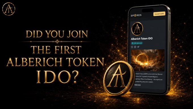 A promotional graphic for Alberich Token features a gold coin with the "A" logo and a smartphone displaying the Spores platform with text reading "Did you join the first Alberich Token IDO?" The image ties to the post by reminding viewers about the completed first IDO while teasing the upcoming $ALBRH IKO on Kommunitas.