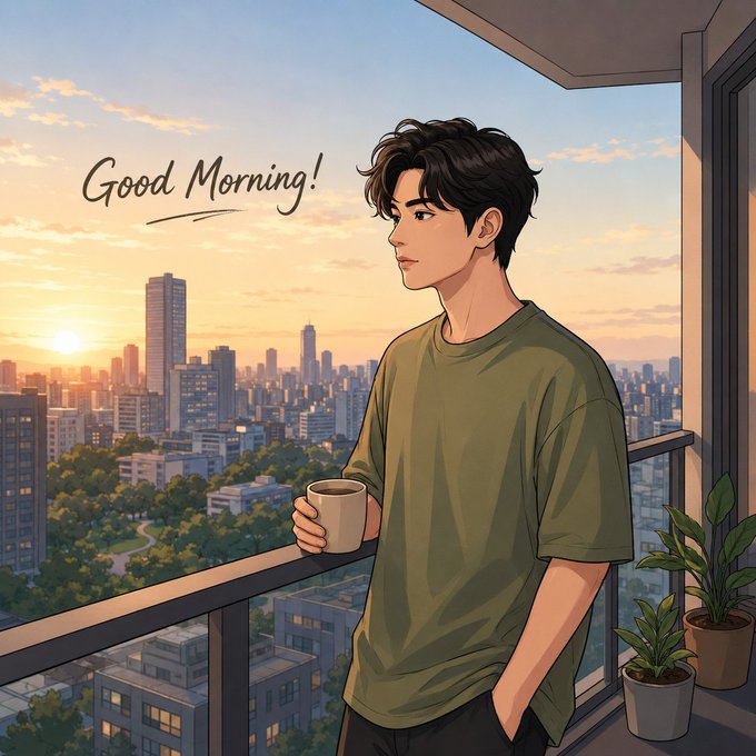 An anime-style illustration depicts a young man with dark hair standing on a high-rise balcony at sunrise, holding a coffee mug and looking out over a city skyline, with 'Good Morning!' written in the sky.