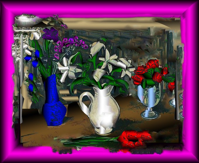 Still life artwork featuring blue, white, and red flowers arranged in vases, framed by a bright pink border.