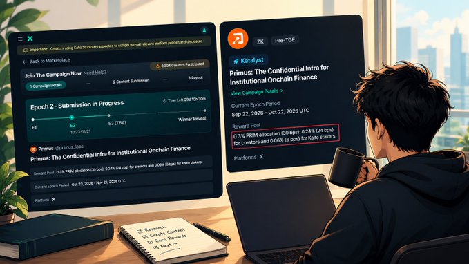 An illustrated workspace shows campaign dashboards for “Primus: The Confidential Infra for Institutional Onchain Finance,” including “Pre-TOE,” “View Campaign Details,” “Reward Pool,” and reward-pool percentages for creators and Kaito stakers.