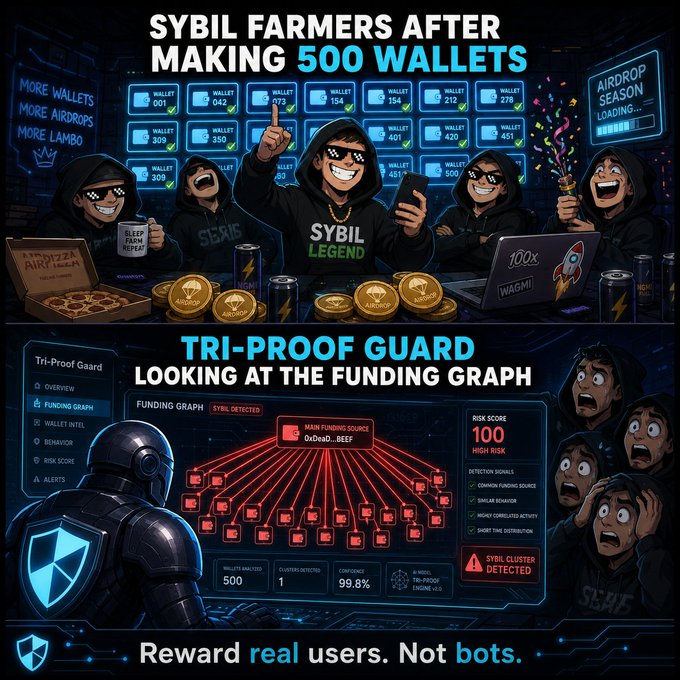 Crypto meme graphic showing "SYBIL FARMERS AFTER MAKING 500 WALLETS" and "TRI-PROOF GUARD LOOKING AT THE FUNDING GRAPH," tagging @xbeef_ with tagline 'Reward real users. Not bots.'
