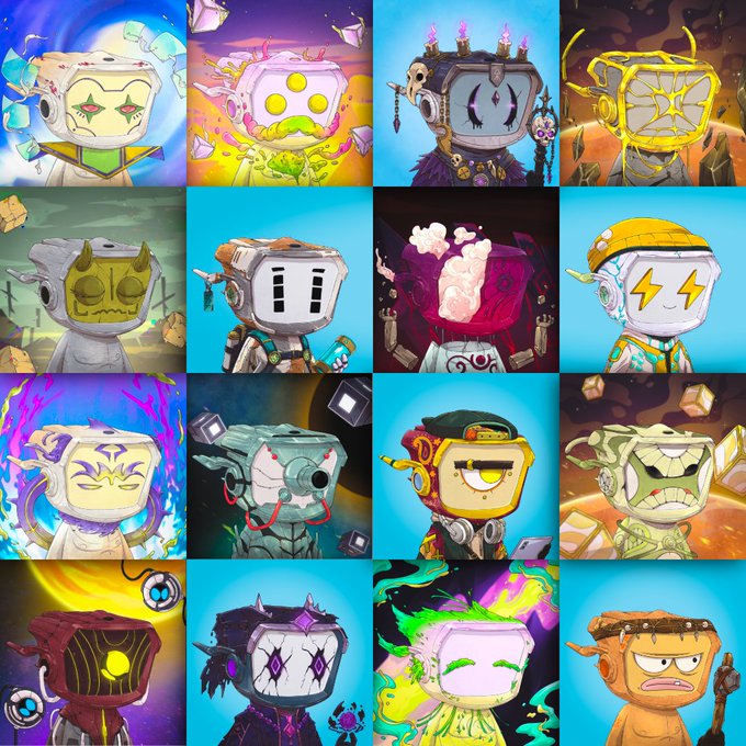 A grid of sixteen colorful, stylized robotic character portraits, each featuring unique mechanical designs, colors, and digital face displays.
