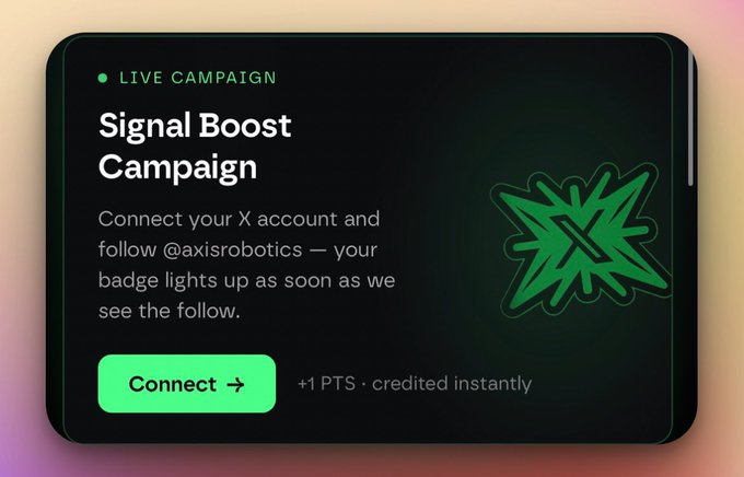 A digital card promoting a 'Signal Boost Campaign' that encourages users to connect their X account and follow @axisrobotics in exchange for a badge and +1 PTS credited instantly.