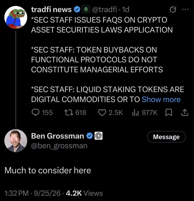 A screenshot of a tweet from tradfi news citing SEC staff statements that token buybacks on functional protocols "do not constitute managerial efforts," with a quote-tweet from Ben Grossman (@ben_grossman) saying "Much to consider here." The post relates to $ONDO token buyback news, as the SEC clarification on buybacks not constituting managerial efforts could support such an action for the project.
