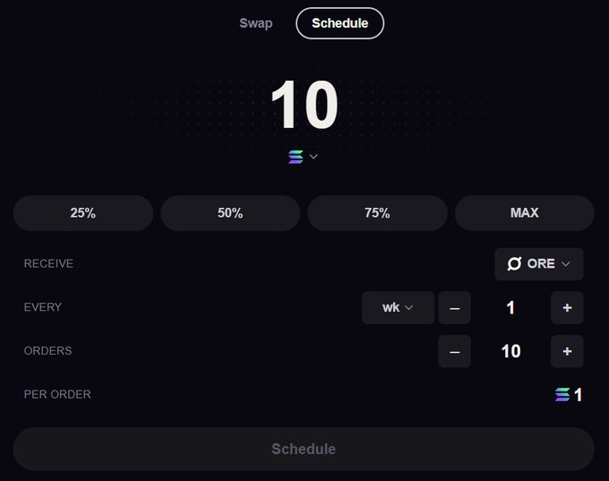 A dark-themed user interface for scheduling a recurring swap transaction, set to receive ORE every week across 10 orders, with percentage buttons (25%, 50%, 75%, MAX) and a large 'Schedule' button at the bottom.