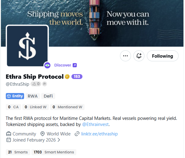 A Twitter/X profile for 'Etha Ship Protocol' (@EthraShip), described as 'The first RWA protocol for Maritime Capital Markets' with the tagline 'Shipping moves the world. Now you can move with it.'