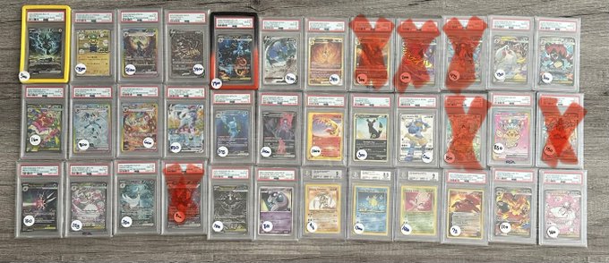 A collection of graded Pokémon cards arranged in rows, with several cards marked with large red X stamps.