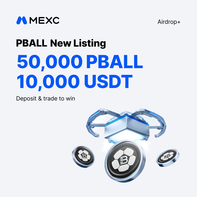 MEXC promotes a new Airdrop+ listing for $PBALL (Metabit Ball), offering users a chance to share a prize pool of 50,000 $PBALL and 10,000 USDT by depositing and trading the token. The graphic features the MEXC logo, "Airdrop+" tag, and a metallic soccer ball icon with crypto coins, visually tying the sport-themed $PBALL token to the trading campaign.