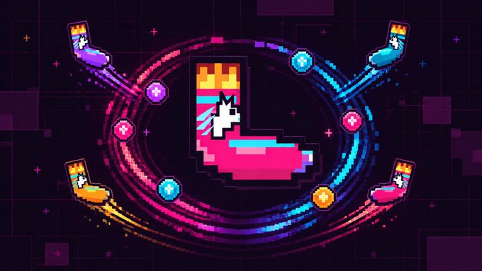 Pixel art sock-themed tokens with colorful, crown-topped boots orbit a central pink-and-blue "L"-shaped sock character against a neon arcade-style background, visually representing the launch of Sock Market—a token creation platform on Ethereum tied to usocks NFT holders.