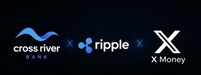 The image displays three logos connected by "X" symbols on a black background: Cross River Bank on the left, Ripple in the center, and X Money (featuring a stylized "X") on the right, visually suggesting a partnership between these entities in support of the post's claim about X Money launching with XRP valued at $589.