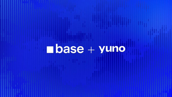 The image displays a blue gradient background with the text "■base + yuno" in white, featuring a soundwave-like pattern. This visually represents the partnership between Base and Yuno, aligning with the post's announcement that merchants using Yuno can now accept stablecoin payments on Base.