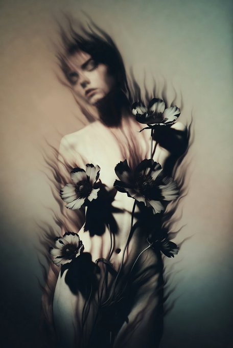 A muted, ethereal portrait shows a serene figure with closed eyes, their form dissolving into dark, anemone-like flowers and wispy tendrils that bloom across the body—visually echoing the post's theme of "Bloom in Silence," where beauty emerges quietly and wordlessly from within.
