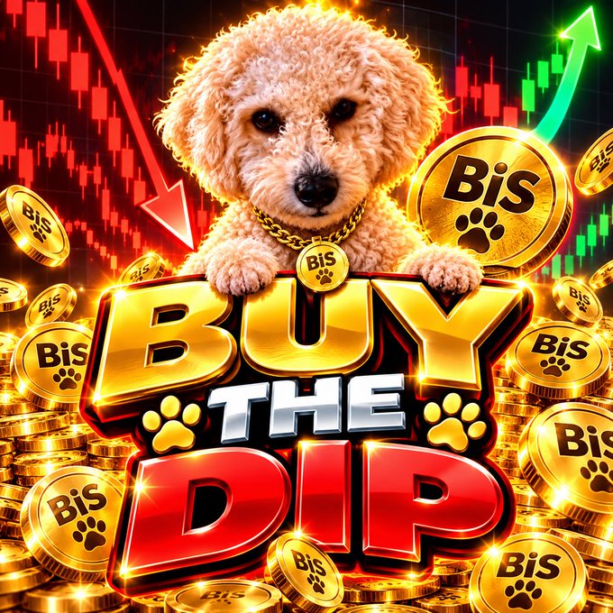 A vibrant graphic titled 'BUY THE DIP' featuring a small fluffy dog surrounded by gold coins labeled 'Bis' with paw prints, set against a red and green stock chart background.