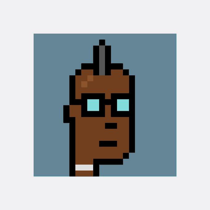 A pixel art illustration depicts a brown, rectangular character with glowing cyan eyes and a small antenna on its head.
