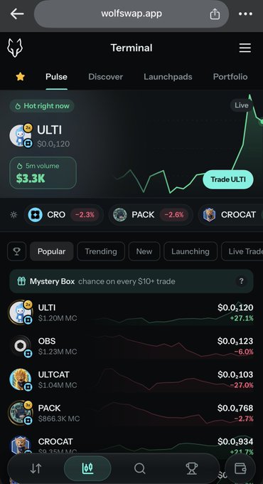 A screenshot of the wolfswap_app cryptocurrency trading terminal showing various tokens including ULTI ($0.0,120, +27.1%), OBS, ULTCAT, PACK, and CROCAT with their price changes.