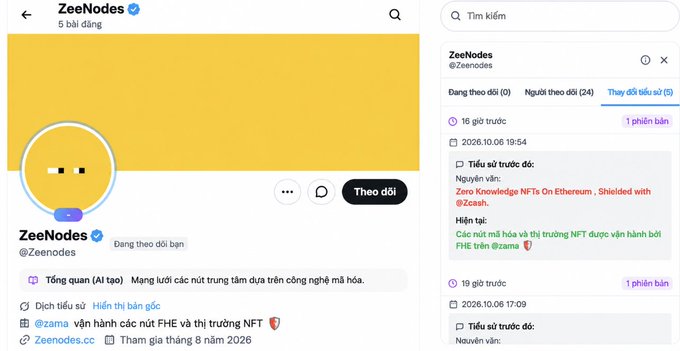 A screenshot of the ZeeNodes X (Twitter) profile (@zeenodes), a Vietnamese account about crypto and NFT trends, showing pinned tweets about Zero Knowledge NFTs on Ethereum.