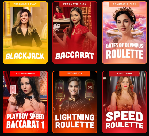 The image features a collection of six different table game posters, each showcasing a female player with a unique style or outfit. The first poster has a woman dressed as a blackjack dealer, while the second poster depicts a woman wearing a red dress playing baccarat. The third poster features a woman in a red dress holding a deck of cards, and the fourth poster shows a woman in a red dress standing next to a roulette wheel. The fifth poster showcases a woman in a red dress with a crown on her head, and the sixth poster depicts a woman wearing a pink dress with a crown on her head. These posters are arranged in a grid format, making it easy for viewers to compare and contrast the different table games being advertised.