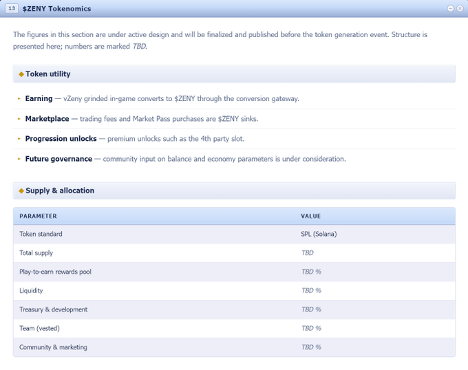 A section titled "1.3 $ZENY Tokenomics" detailing token utility (Earning, Marketplace, Progression unlocks, Future governance) and a Supply & allocation table where values are mostly marked TBD, with Token standard listed as SPL (Solana).