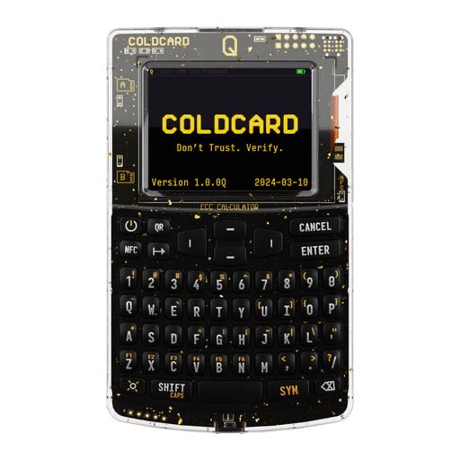 A COLDCARD hardware wallet displaying "COLDCARD - Don't Trust. Verify." on its screen, with version "1.8.0Q" dated 2024-03-10, shown in a transparent casing that reveals its internal components. The image relates to the post about Coinkite replacing reseller inventory after a serious entropy bug in their Q1 firmware caused over $100 million in Bitcoin theft from users.