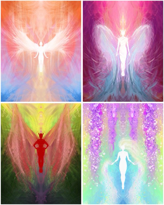 The image features four different digital artworks, each depicting a woman with wings. These artworks are arranged in a square format, showcasing various styles and color schemes. The artworks include a red-winged woman, a white-winged woman, a purple-winged woman, and a blue-winged woman. Each artwork has its own unique style and color palette, creating a diverse collection of digital art pieces that explore the theme of mystical creatures with wings.