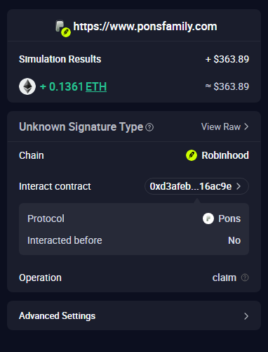 Screenshot of a cryptocurrency wallet simulation interface for https://www.ponsfamily.com showing a claim operation of +0.1361 ETH on the Robinhood chain via the Pons protocol.