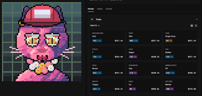 A pixel-art pink cat character wearing a cap is displayed alongside a 'Traits' panel listing attributes like 'BACKGROUND Grid', 'BODY Slim', and 'EARS Single Hop' with associated prices and percentages.