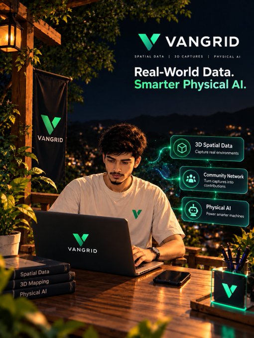 An advertisement for 'VANGRID' featuring a young man working on a laptop at night, promoting their services: 'Spatial Data', '3D Captures', and 'Physical AI', with the tagline 'Real-World Data. Smarter Physical AI.'
