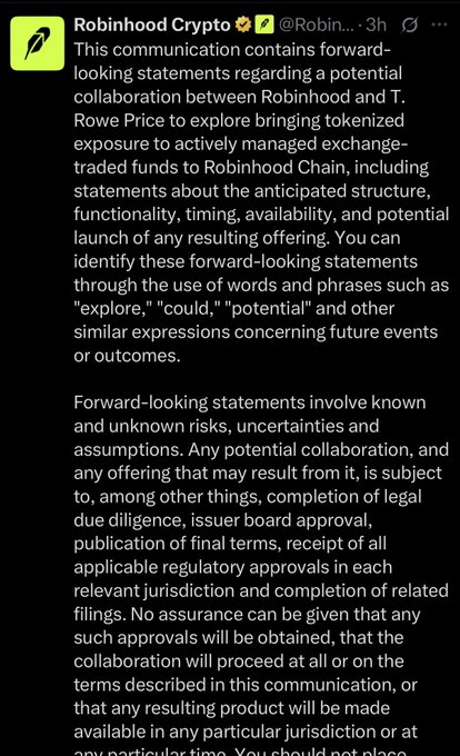 A tweet from Robinhood Crypto (@Robinhood) regarding a potential collaboration with T. Rowe Price to explore bringing tokenized exposure to actively managed exchange-traded funds to Robinhood Chain, containing standard forward-looking statements and risk disclaimers.