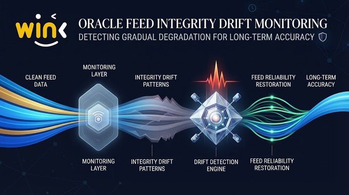 An infographic titled 'ORACLE FEED INTEGRITY DRIFT MONITORING' by WINk illustrates the process from Clean Feed Data through a Monitoring Layer, detecting Integrity Drift Patterns with a Drift Detection Engine, to Feed Reliability Restoration for Long-Term Accuracy.