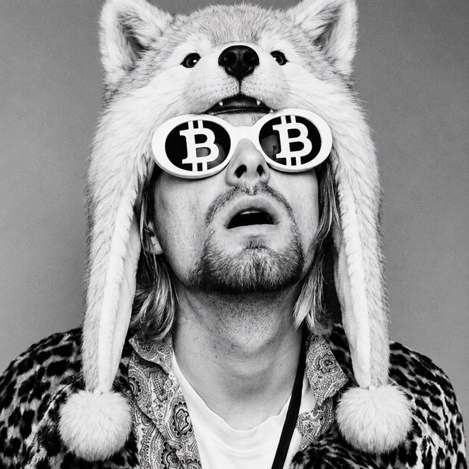 A black and white photo of a man wearing a furry wolf/animal hat and sunglasses with Bitcoin (₿) symbols on the lenses, dressed in a leopard print coat over a paisley shirt.