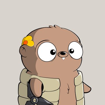 An adorable cartoon illustration of a small, brown, big-eyed creature with buck teeth wearing a puffy tan vest and a yellow flower hair clip.