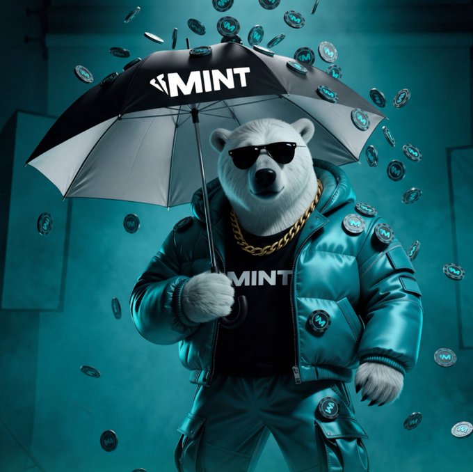 A digital illustration of a muscular polar bear wearing sunglasses, a gold chain, and a puffy jacket, holding a black umbrella branded with 'MINT' while floating teal coins surround it in the background.